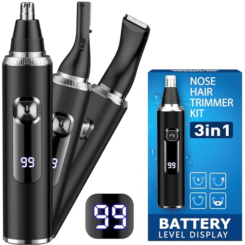 Nose Hair Trimmer for Men,3 in 1 USB Nose Trimmer with LED Battery Display,Painless Dual Edge Blades Nasal Hair Trimmers for Men,Eyebrow Razor,Ear Facial Hair Remover,IPX7 Waterproof,Easy Cleansing