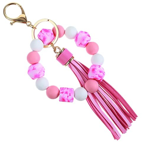Mabor Bracelet porte-clés en perles de silicone pour femme - Bracelet extensible avec pompon en cuir synthétique - 20,6 cm - Porte-clés de voiture en perles (rose)