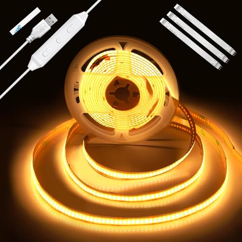 Enteenly COB LED Streifen 2 m, USB 5V TV Hintergrundbeleuchtung mit Dimmer und Memory-Funktion, Punktfreie LED Lichtleiste für TV Bias Lighting, Schrank- und Ambientebeleuchtung, 2700K