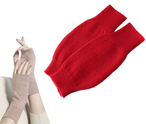 Waltonalice Dicke warme Touchscreen Handschuhe pulswärmer Damen Strickhandschuhe Kurzer Halb Handstulpen Fingerless Gloves warm Armstrumpf Handschuhe Fingerlose Handschuhe für Tippen Rot