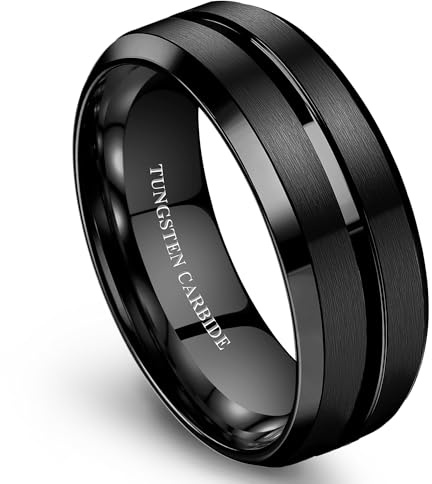 Jstyle Tungsten Wedding Rings for Men Black Mens Wedding Band 8MM Mens Engagement Rings Groove Beveled Edges High Polish/Matte Finish Men's Promise Ring Comfort Fit Size 12