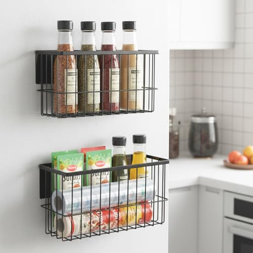 2 Pack Magnetic Fridge Organiser Baskets, Strong Magnetic Spice Rack for Refrigerator, Microwave & Washing Machine, Heavy Duty Metal Wire Storage Caddy for Kitchen & Laundry Room, Matte Black