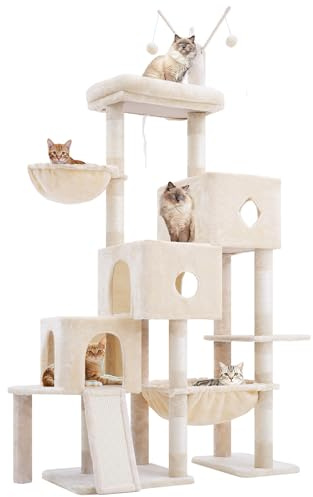 Hey-brother Árbol rascador para Gatos Grandes, 160 cm, 3 Camas, Hamaca Grande, Superficie de Descanso y Tabla rascadora de sisal, Beige EMPJ081M