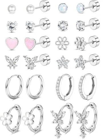 ADRAMATA 12 Paar Ohrringe Silber Chirurgenstahl Ohrringe Hypoallergene | Medizinische Ohrstecker,Mädchen Flatback Ohrring,Creolen Tragus Conch Helix Piercings,Hypoallergene Ohrringe