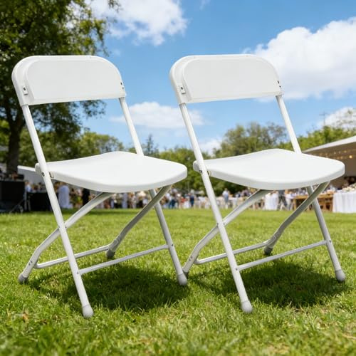 Folding Chairs Set of 2 Foldable Desk Chairs Metal Frame Waterproof Seat Backrest Plastic Guest Seating Temporary Event Seating Max 145kg Easy Store Office Kitchen Dining Chair Indoor Outdoor, White