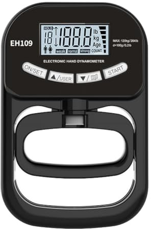VRTYVEYBB Elektronisk handdynamometer, uppladdningsbar, greppstyrketränare med LCD-skärm, 0,1 kg noggrannhet, upp till 120 kg mätning, för fitness, klättring, träning – svart/vit