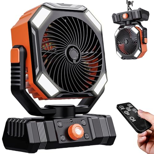 LUCYLANKER Ventilador Camping Recargable 10000mAh con Linterna LED, Ventilador Portátil con Nebulizador y Oscilación Automática para Tienda, Accesorios Camper con Mando a Distancia, ABS, Naranja
