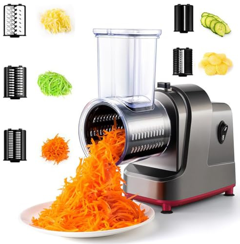 5 in 1 Electric Cheese Grater, Automatic Vegetable Cutter Slicer with 5 Replaceable Stainless Blades, One-Touch Easy Control for Vegetables & Cheeses and Nuts, for Home Kitchen