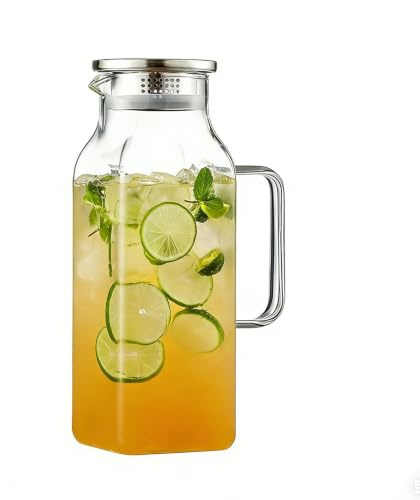 Large Glass Pitcher 2L - Beverage Jug With Handle And Lid 2000ml