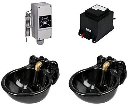 Kerbl Tränke Set: beheizbare Tränken 80 Watt 24V mit 200 Watt Trafo und Frostschutz Thermostat, Gusseisen Tränkebecken, Frostsicher bis -20°C, Pferd Rind Pferdetränke Rindertränke Selbsttränke
