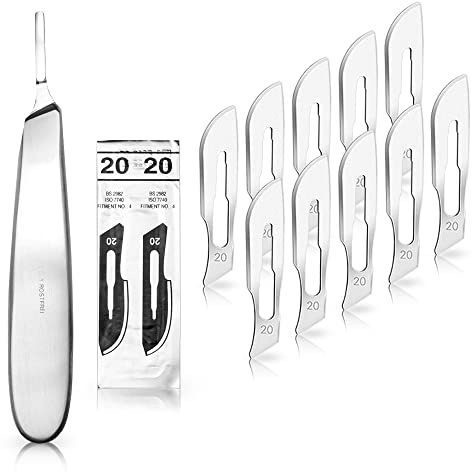 Set – 10 pezzi lama per scalpello figura 20 in acciaio al carbonio – Lame di ricambio confezionate singolarmente sterile + 1 x May – Supporto per scalpello manico panciuto – Acciaio inossidabile
