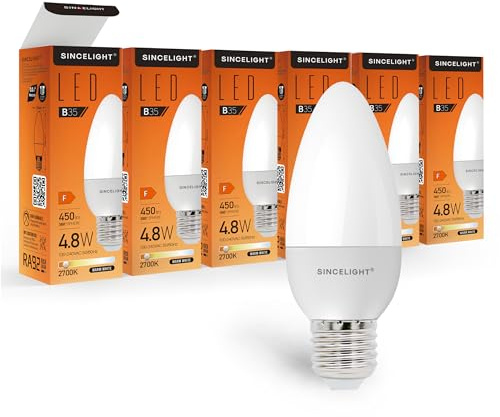 SINCELIGHT 5W LED-Glühbirnein Kerzenform mit E27-Sockel, B35 Milchigem Diffusor, Satte und Echte Farbe RA≈92, 450 Lumen, 50W Äquivalent, Warmweiß 2700K, ES Edison-Sockel, 6er-Pack