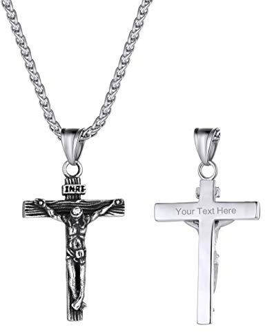 GoldChic Pendentif Croix Homme Inri Acier Graver Chaine Spiga Collier Croix Chretienne Femme Chaine Enfant Garcon avec Pendentif Religieux Amulette de Protection