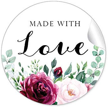 48 STICKER: Made with Love Etiketten für ihr Gastgeschenk • BOHO HIPPIE STYLE BLÜTEN ROSEN GRÜN ROT ROSA SCHWARZ • zum beschriften von Selbstgemachtes, Briefen oder Geschenkverpackungen