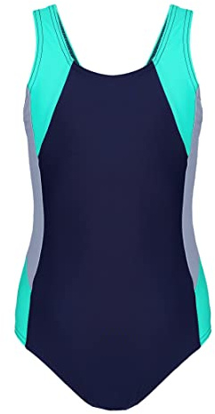 Aquarti Costume Piscina Bambina – Costume Intero Bambina con Racerback, Resistente al Cloro, Blu Scuro/Grigio/Verde, 158