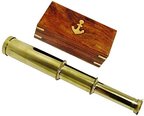 22,9 cm Handmessing-Teleskop nautisches Spionglas mit Anker-Design Holzkiste - Vintage Piratenteleskop Nachbildung Maritim Dekor Sammlerstück Geschenk für Home Office Schreibtisch