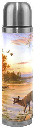 Linomo Thermosflasche Jahrgang Tier Hirsch Edelstahl Wasserflasche,Isoliert Auslaufsicher, Doppelwandig Vakuumflasche für Sport Reise Camping Büro 500 ml