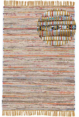 carpetfine Flachgewebeteppich Kelim Chindi Gelb 60x110 cm | Moderner Teppich für Wohn- und Schlafzimmer