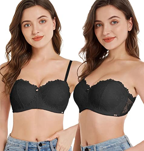 SHEKINI Balconette BH push up bygel-BH axelbandslös bh prickig spetsbehå justerbara och avtagbara axelremmar 2 krokar 2-pack, D,6166, 75C