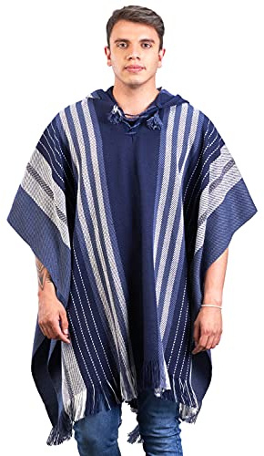 INTI ALPACA Alpaca Hooded Poncho for Men- Wool Cape with Hood - Winter Long Poncho - Comfortable House Coat (US, Alpha, One Size, Regular, Regular, Blue)