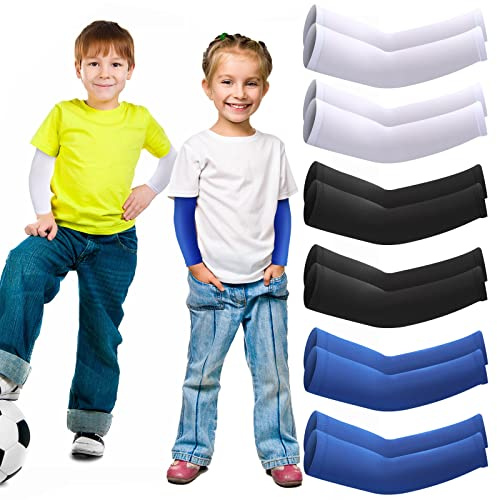 SATINIOR 6 Pairs Arm Sleeves for Kids, Compression UV Cooling Arm Sleeve for Baseball Football Youth Boy Girl Sports(Black, White, Blue)