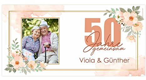 Herz & Heim® Goldene Hochzeit Banner mit Foto, Namen des Brautpaares + Datum 0,80 x 1,60 m Kunststoff, Blumig