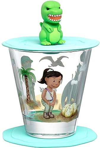 LEONARDO HOME Bambini Avventura Kinderglas mit Deckel und Untersetzer - Trinkglas mit Motiv aus hochwertigem Glas - Größe S, Inhalt 215 ml - 3-teiliges Trinkset mit Motiv Dino, 023678