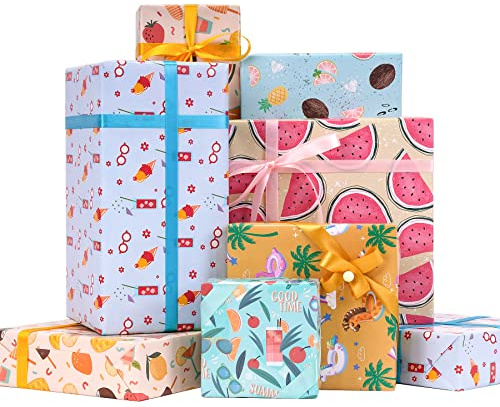 Larcenciel Carta da Regalo 6 Fogli, Carta da Pacchi per Feste Estive con Nastro, Carta Regalo Compleanno con Unicorno/Frutti Vari, Blu Carta da Pacchi per Regali in Stile Hawaiano per Festa, 70x50cm