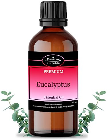 Essican Purelife Eucalyptus Pure Essential Oils 50 ml, Aromatherapy Oils for Candle Making, Soap & Bath Relieving Scent for Haircare & Skincare - Eucalyptus Oil for Sleep, Relax in Amber Bottle