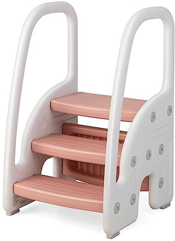 COSTWAY 3 en 1 Tabouret Enfants 3 Marches avec Pédale Amovible, Marche Pied Enfants en HDPE avec Patins Antidérapants, Main Courante pour Cusine Salle de Bain, Charge 75kg pour Enfants de 1 an+