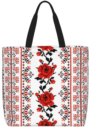 EVANEM Damen-Handtasche, modische Schultertasche mit großem Fassungsvermögen, mit Reißverschluss, geeignet für Schule, Arbeit, Alltag, Ukrainische Stickerei Stil Rose, Einheitsgröße