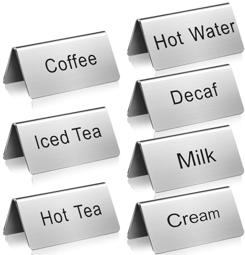 Hicarer 7 Pcs Stainless Steel Coffee Tent Signs Table Coffee and Tea Sign Table Beverage Display Signs for Party Buffet Restaurant Banquet Wedding Indoor Outdoor, 2.99'' x 1.5''