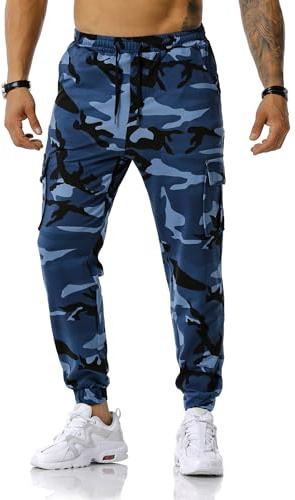 MakingDa Pantaloni da uomo tuta da jogging camouflage, joggers cargo multi tasche, pantaloni da combattimento e sportivi, Blu denim, 54