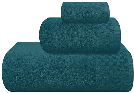 MyOwn Ultra-weiches 3er-Pack Baumwoll-Handtuch-Set, enthält a übergroße Badetücher 70 x 140 cm, a Handtücher 40 x 60 cm und a Waschbetten 30 x 30 cm, Blaugrün