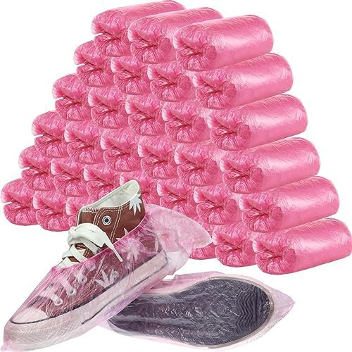 100 Pieces Disposable Shoe Covers - Pink Plastic, Anti Slip, Dust Proof, Waterproof Overshoes – Indoor, Outdoor, Carpet, Floor, Rain, Boot, Safety, Cycling, Strong Foot Covering