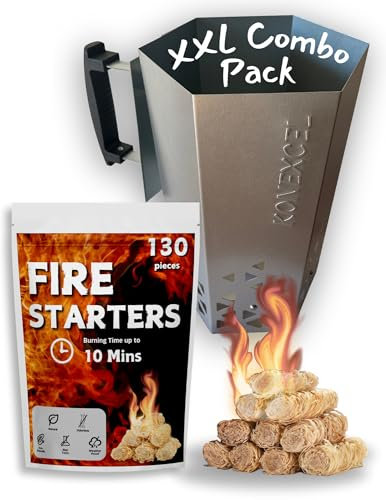 Heavy Duty Charcoal Chimney Starter and Fire Starter Set, BBQ Chimney Starter for Charcoal Grill and Barbecues and wood wool fire starters, Sturdy and Easy to Use BBQ Grill Tool for Rapid Fire Starter