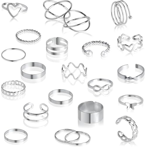 MKVZIYE 22 Piezas Set Mujeres Acero Boho Anillos Abierto Minimalista Apilable Plata Ajustable Anillos de nudillo Mariposa Corazón Anillo