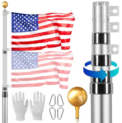 VEVOR Kit de mât de Drapeau télescopique 6090 mm, mât de Drapeau Allemand en Alliage d'aluminium dans Sol pour extérieur, mât de Drapeaux à 3 Modes d'affichage avec Accessoires Professionnels, Argent