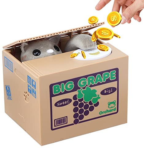 Katze Spardose, GOMETY Elektronische Katze Sparbüchse Diebstahl Sparbüchse Münzbox Sparschwein für Kinder Mädchen Spielzeug Geburtstag Geschenk (Grau)