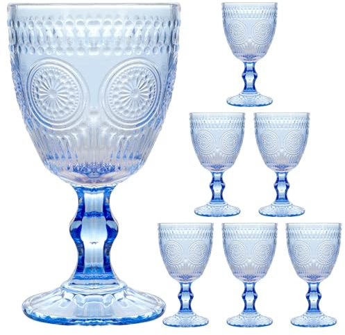 KOMABLEN Copas de Vino Vintage de 6 Piezas, 300ml Vaso de Vino con Estampado en Relieve, Copa de Vino Tinto Aptas para Lavavajillas, para Té Helado, Cerveza, Zumo, Cócteles, Whisky