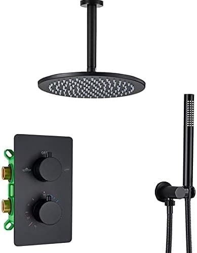 DRFGNF Robinet de Douche thermostatique Noir Mat pour Salle de Bain, Colonne de Douche à Effet Pluie, Montage au Plafond, Robinet mitigeur de Douche encastré à Double poignée, Montage Mural de 10 p