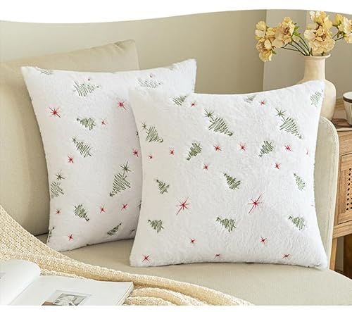 TETSMG Kissenbezug Weihnachten 45x45 cm, 2 Stück Plüsch Weihnachtsdeko Kissenbezüge Aesthetic, Weihnachtsbaum Weihnachtskissenbezug 45x45 cm (GrünRot)