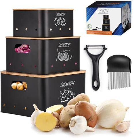 AMTA Kartoffel Aufbewahrungsbox 3er-Set – Premium Vorratsbehälter für Kartoffeln, Zwiebeln & Knoblauch mit Luftzirkulation im Vintage Stil Schwarz