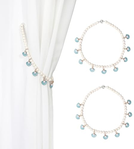 SUQ I OME Ocean Theme Coastal Seashell Beaded Magnetic Curtain Tiebacks Holdback with Conch Decorations for Your Curtain Decoration (Blue Seashell)