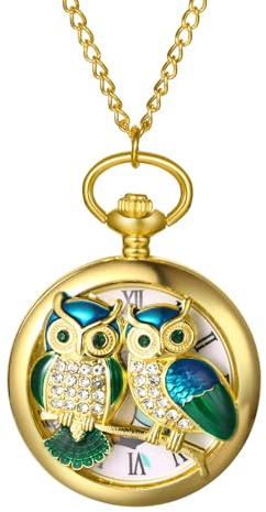 OIDEA Eulen-Taschenuhr mit Kette: Luxuriöse Gold-Ton-Relief, voller Strass, Diamant-Eule, Taschenuhr, arabisches Zifferblatt, analog, Quarz, Medaillon, Pullover, Uhr, Halskette, Geschenk