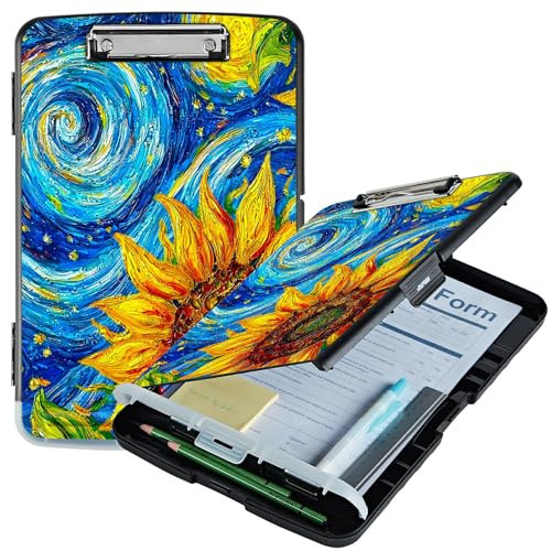 RWUTYTIUL Klemmbrett mit Sternen-Sonnenblumen-Motiv, A4, mit Stifthalter, Klemmbretter, Organizer, Still-Klemmbrett, faltbarer Aktenordner, Kunststoff-Klemmbrett, Folio-Clipboard für Büro, Studenten
