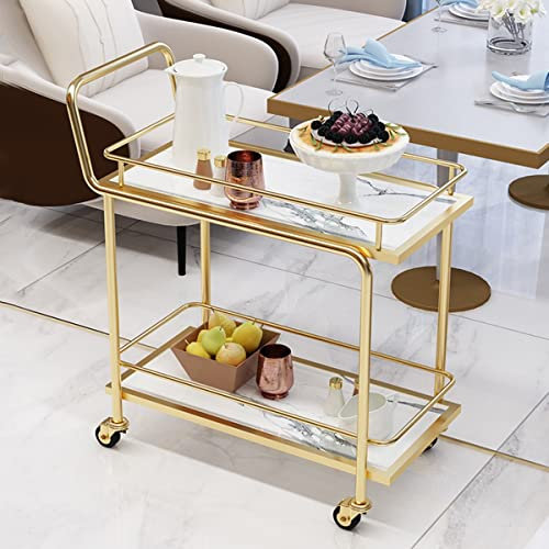 Carrello portavivande a 2 ripiani con ruote per vino/birra/tè/caffè/dessert, carrello mobile con manico (bianco)