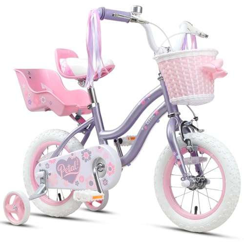 Glerc kids bike 12 inch for 2 3 4 year old girls, princess style with steering tassels and basket and support wheels, purple
