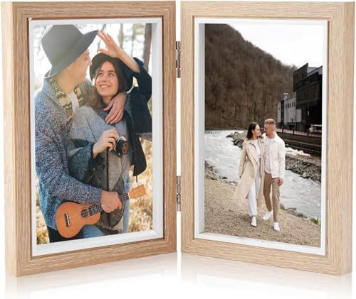 Marco de fotos doble 10 x 15 cm, marco de fotos de madera plegable con bisagras, marco de fotos personalizado para 2 fotos, decoración interior, familia, boda y regalo