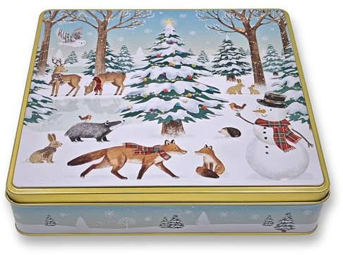 MediMuc Winterwald - wunderschöne kleine Gebäckdose - Tiere im Winter - lebensmittelecht - Weihnachtsdose, Keksdose, Blechdose - Vol. 1,90l Maße: (L x B x H): 23,0 x 21,5 x 5,5cm